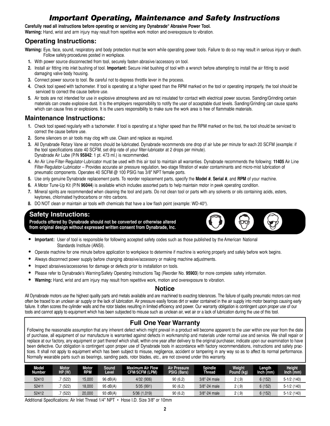 Dynabrade 52410 15000 RPM operating instructions Operating Instructions, Maintenance Instructions, Full One Year Warranty 