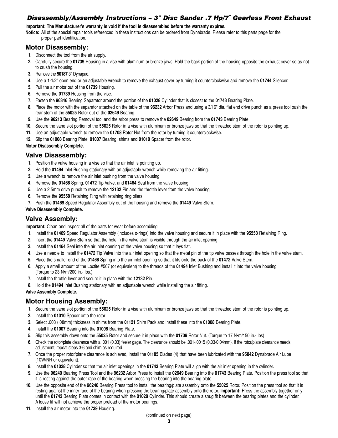 Dynabrade 52410 15000 RPM Motor Disassembly, Valve Disassembly, Valve Assembly, Motor Housing Assembly 