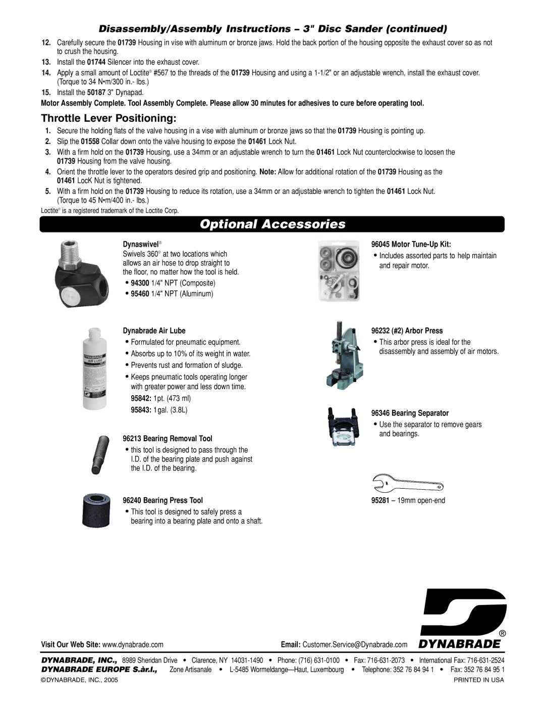 Dynabrade 52410 15000 RPM Throttle Lever Positioning, Disassembly/Assembly Instructions 3 Disc Sander 