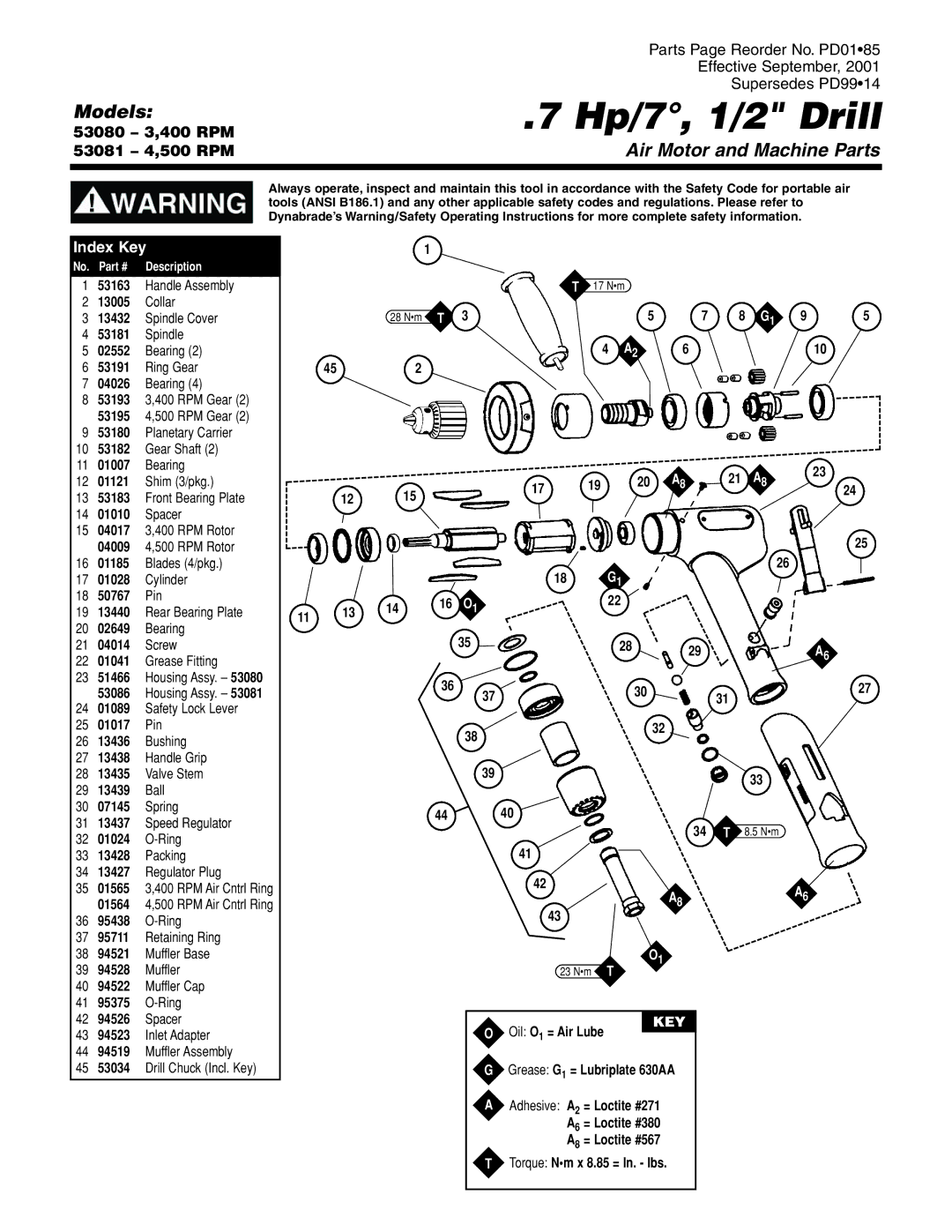 Dynabrade 53080 operating instructions 53163, 13005, 13432, 53181, 02552, 53191, 04026, 14 01010 Spacer, 18 50767 Pin 