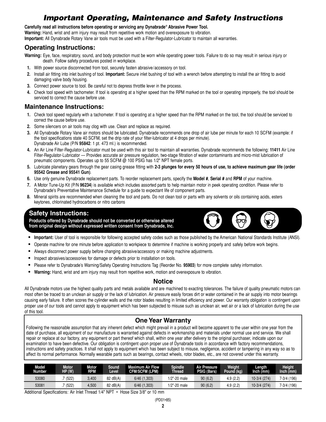 Dynabrade 53080 Important Operating, Maintenance and Safety Instructions, Operating Instructions, Maintenance Instructions 