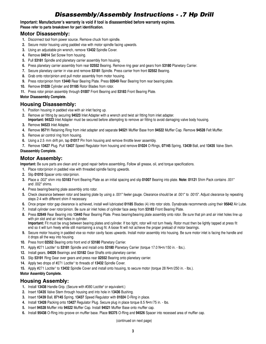 Dynabrade 53080 Disassembly/Assembly Instructions .7 Hp Drill, Motor Disassembly, Housing Disassembly, Motor Assembly 