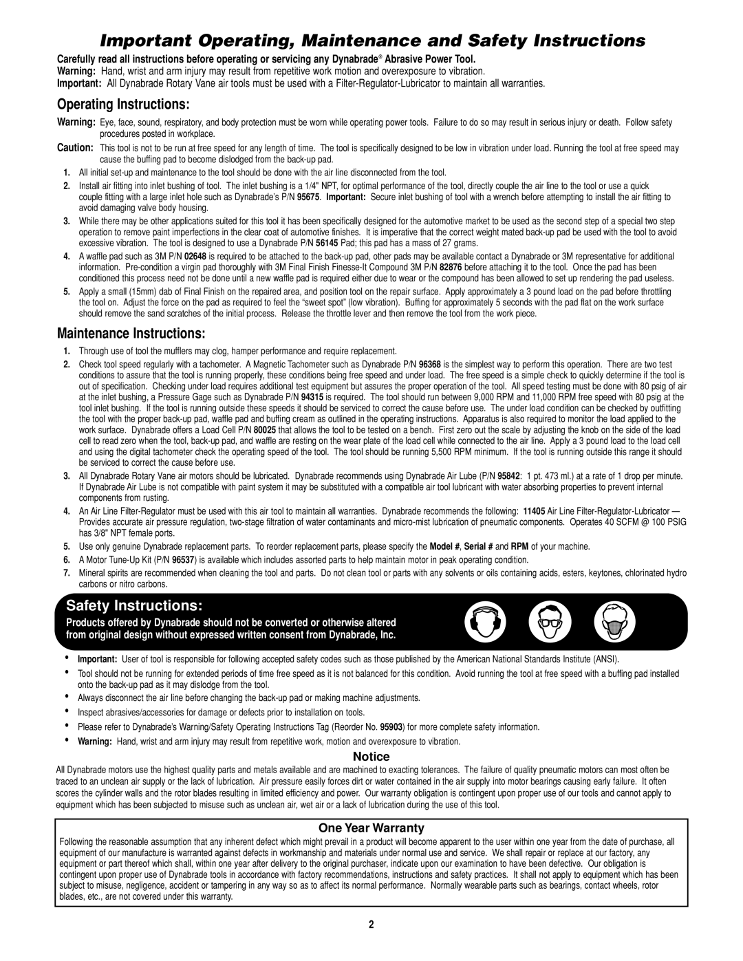 Dynabrade 57126 manual Important Operating, Maintenance and Safety Instructions, One Year Warranty 