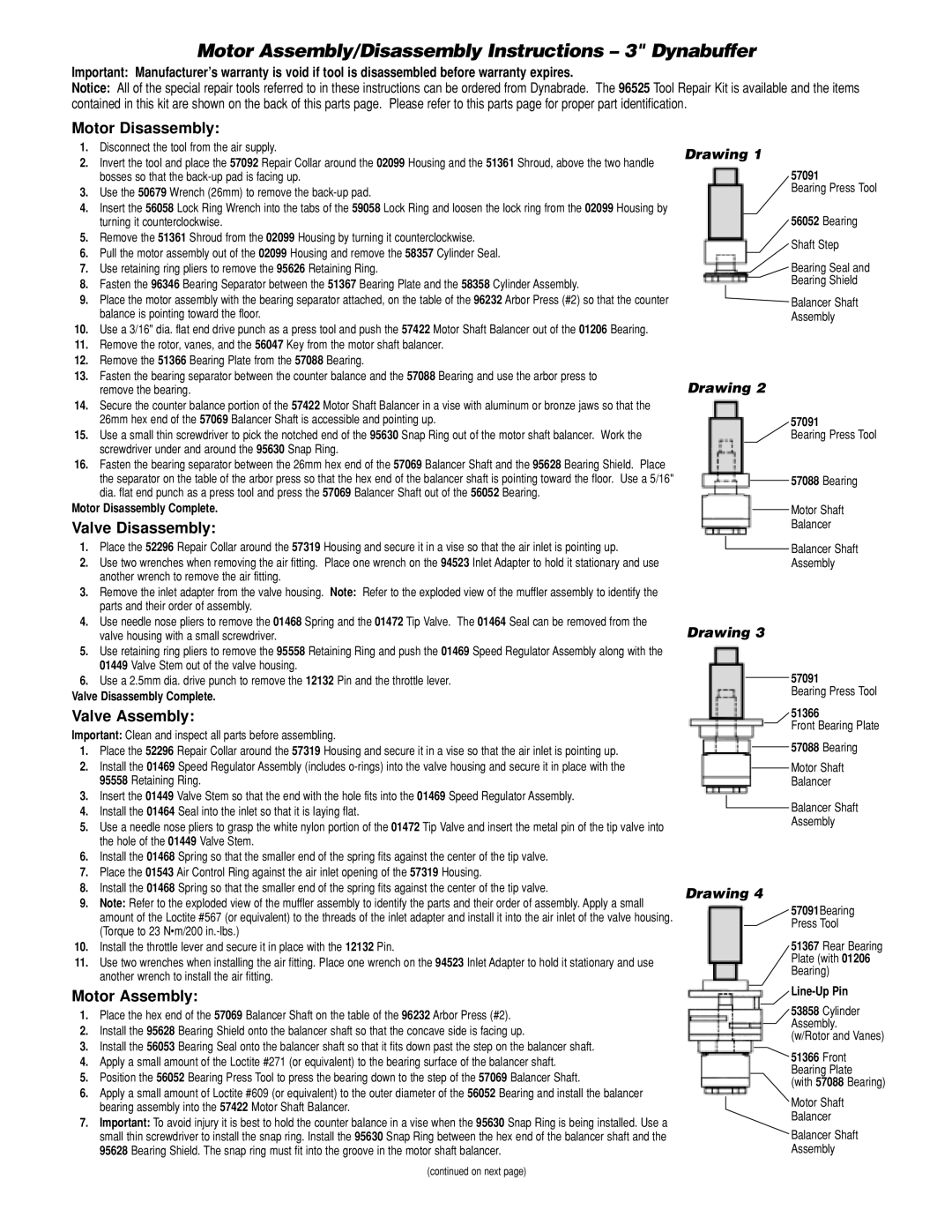 Dynabrade 57126 manual Motor Disassembly, Valve Disassembly, Valve Assembly, Motor Assembly 