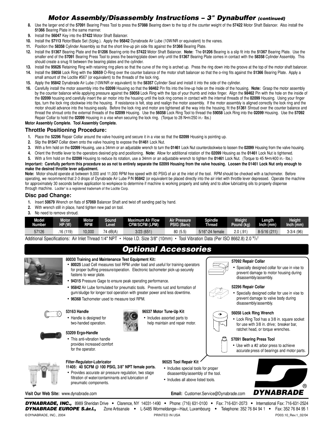 Dynabrade 57126 manual Throttle Positioning Procedure, Disc pad Change 