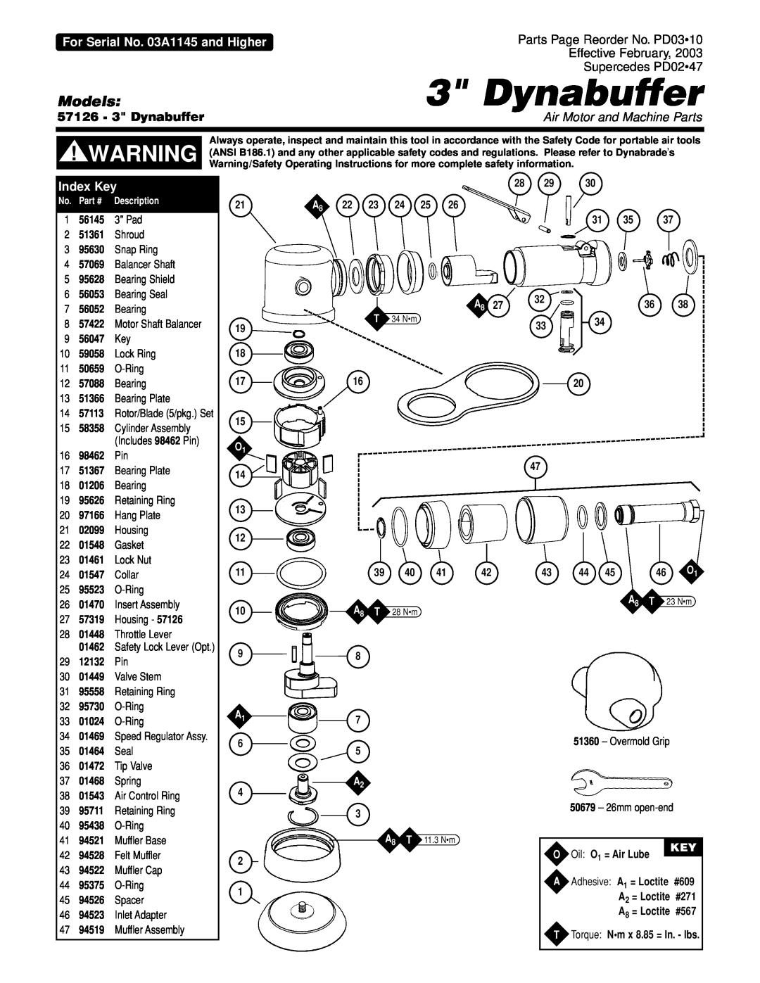 Dynabrade manual Models, 57126 - 3 Dynabuffer, 3334, Oil O1 = Air Lube, For Serial No. 03A1145 and Higher, Index Key 