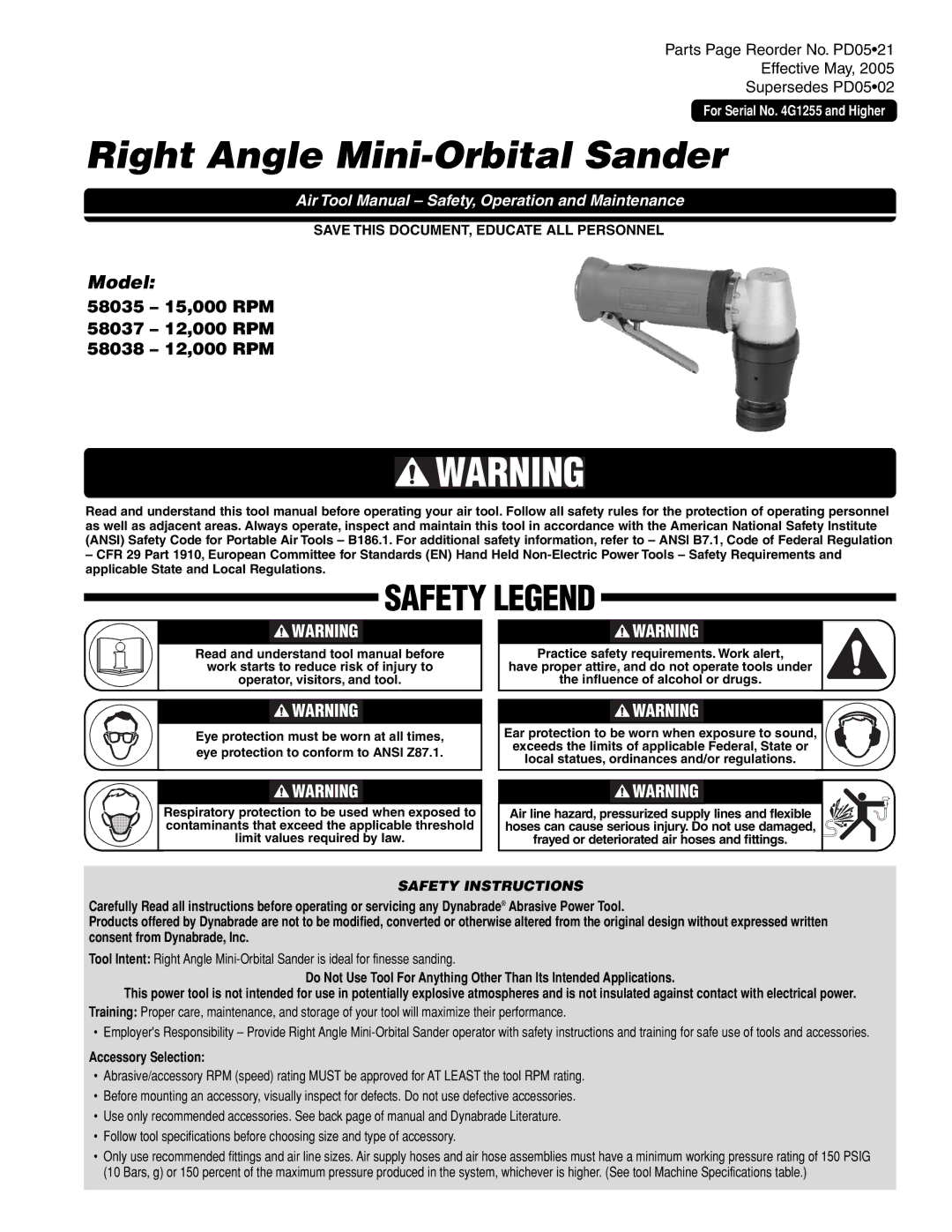 Dynabrade PD0502 specifications Model, Safety Instructions, Accessory Selection 