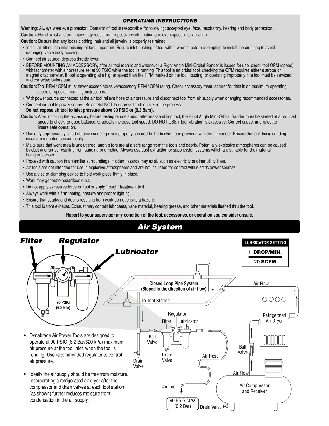 Dynabrade PD0502 specifications Air System, Filter Regulator Lubricator, Operating Instructions 