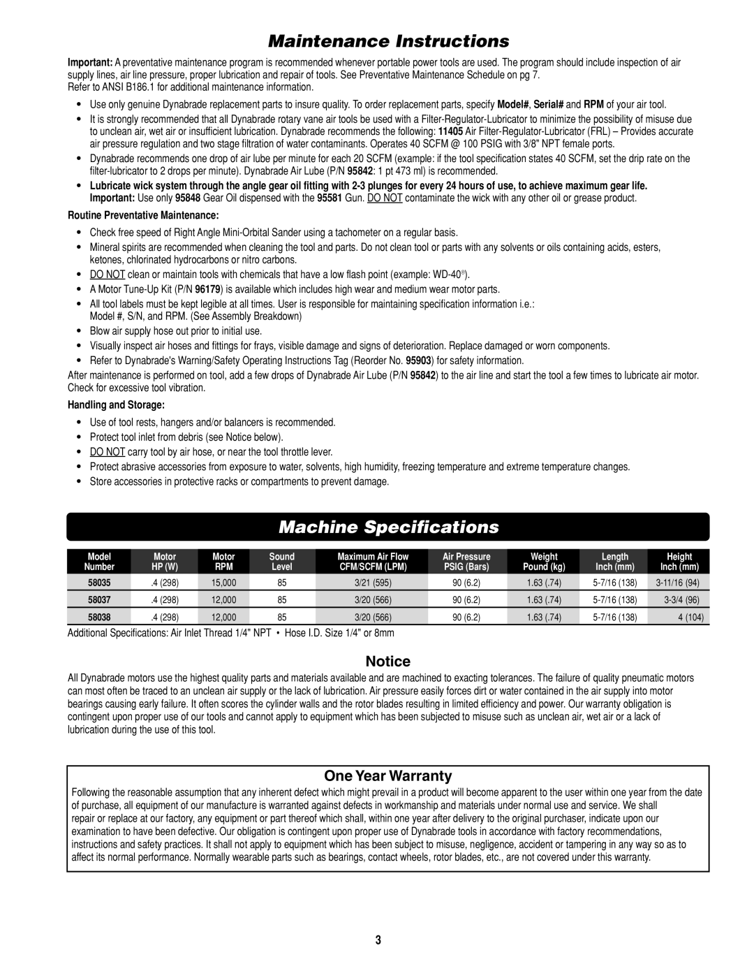 Dynabrade PD0502 Maintenance Instructions, Machine Specifications, Routine Preventative Maintenance, Handling and Storage 