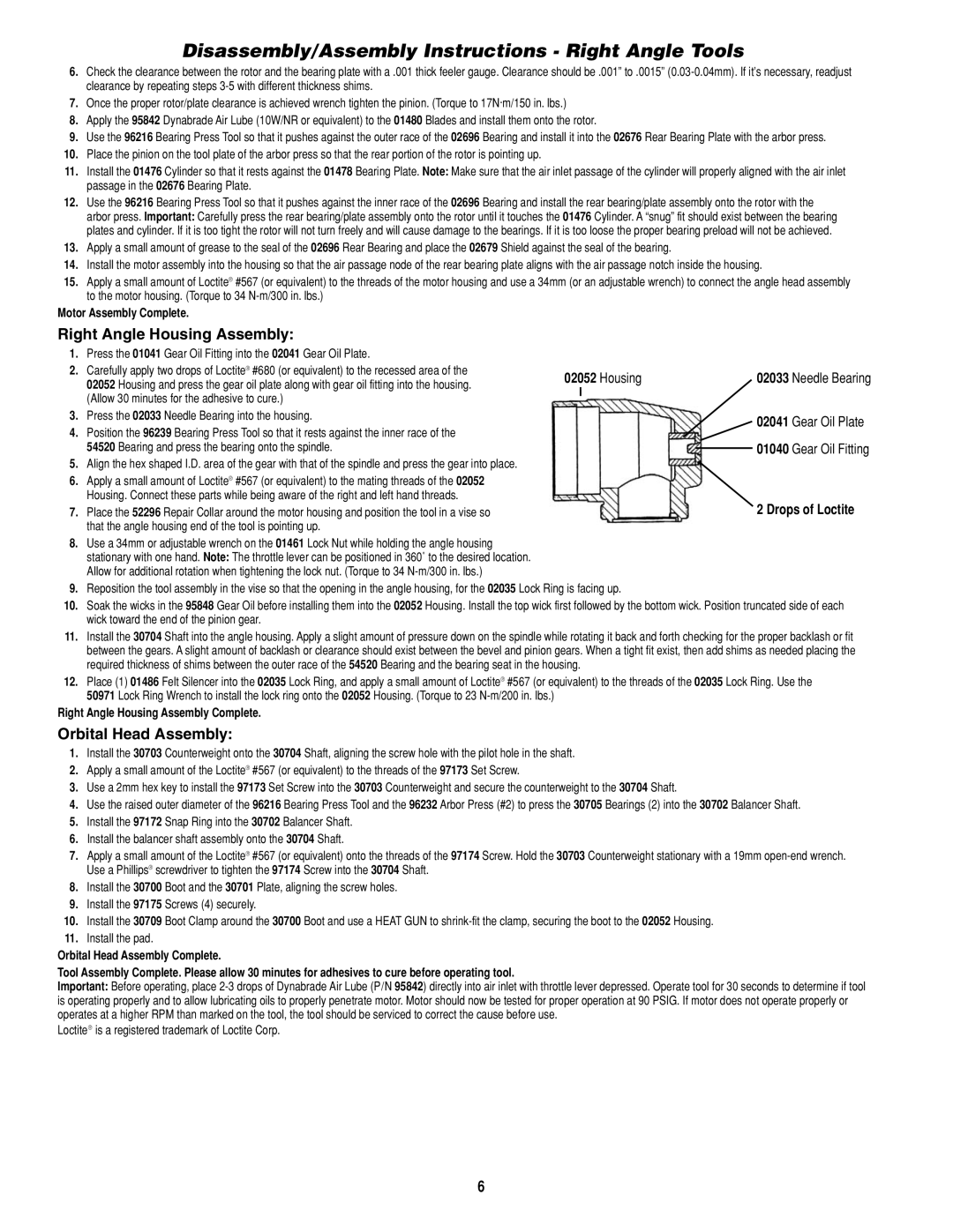 Dynabrade PD0502 specifications Right Angle Housing Assembly, Orbital Head Assembly, Drops of Loctite 