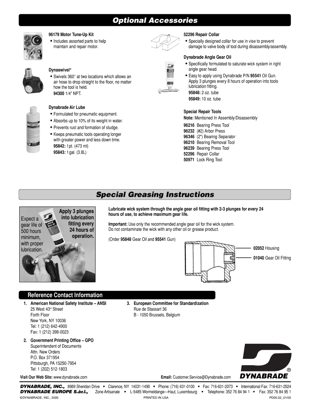 Dynabrade PD0502 specifications Optional Accessories, Special Greasing Instructions 