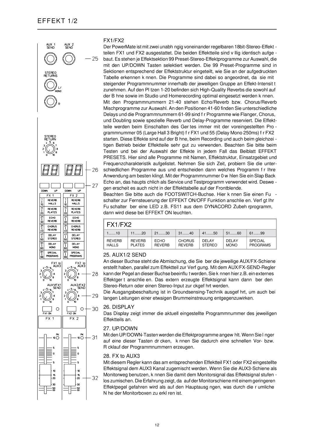 Dynacord 1000, 1600, 2200 manual Effekt 1/2, FX1/FX2, Display, 27. UP/DOWN 