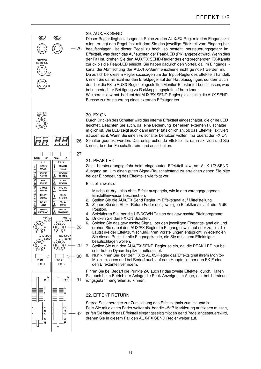 Dynacord 1000, 1600, 2200 manual AUX/FX Send, FX on, Peak LED, Effekt Return, Einstellhinweise 