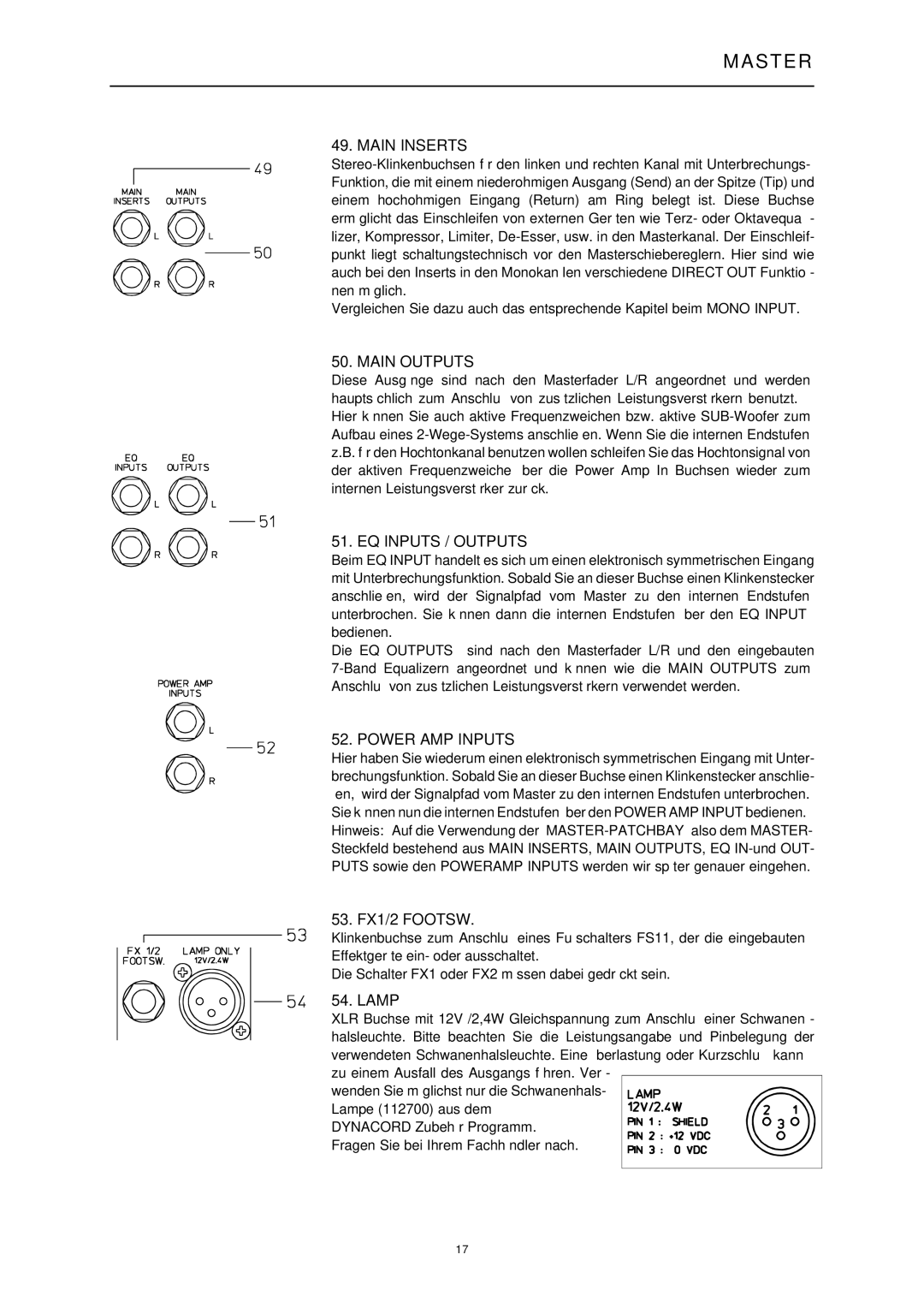 Dynacord 1000, 1600, 2200 manual Main Inserts, Main Outputs, EQ Inputs / Outputs, Power AMP Inputs 