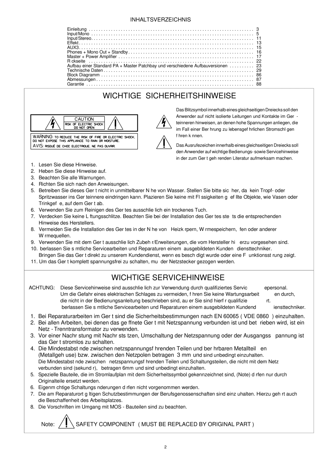 Dynacord 1000, 1600, 2200 manual Inhaltsverzeichnis, Safety Component Must be Replaced by Original Part 