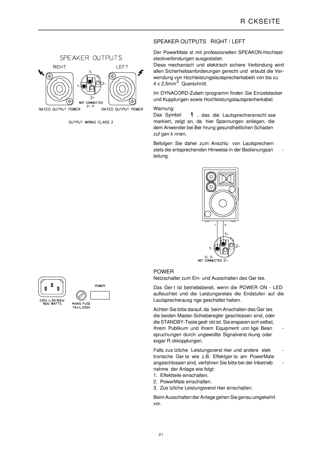 Dynacord 1000, 1600, 2200 manual C K S Eite, Speaker Outputs Right / Left, Power 