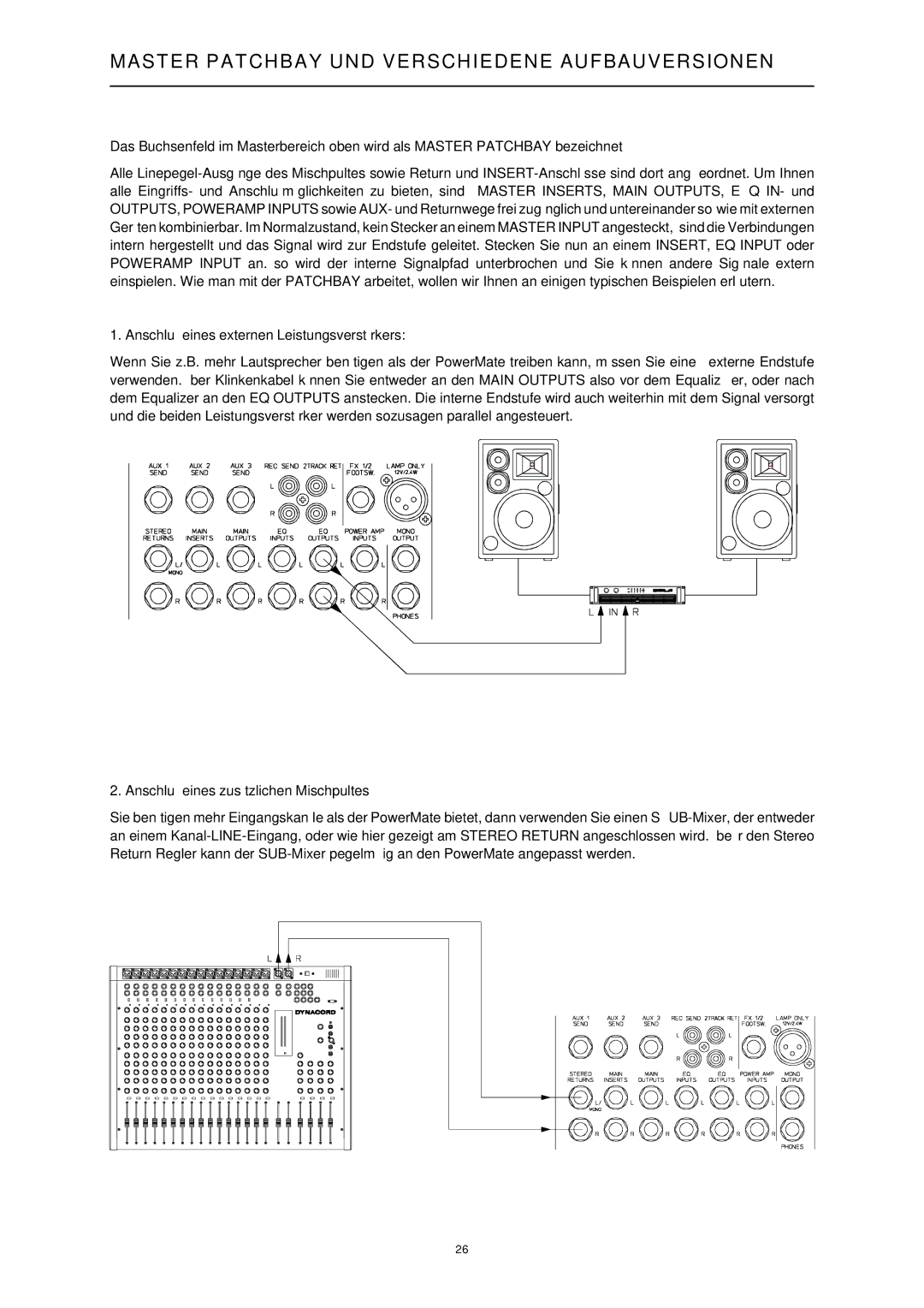 Dynacord 1000, 1600, 2200 Master Patchbay UND Verschiedene Aufbauversionen, Anschluß eines externen Leistungsverstärkers 