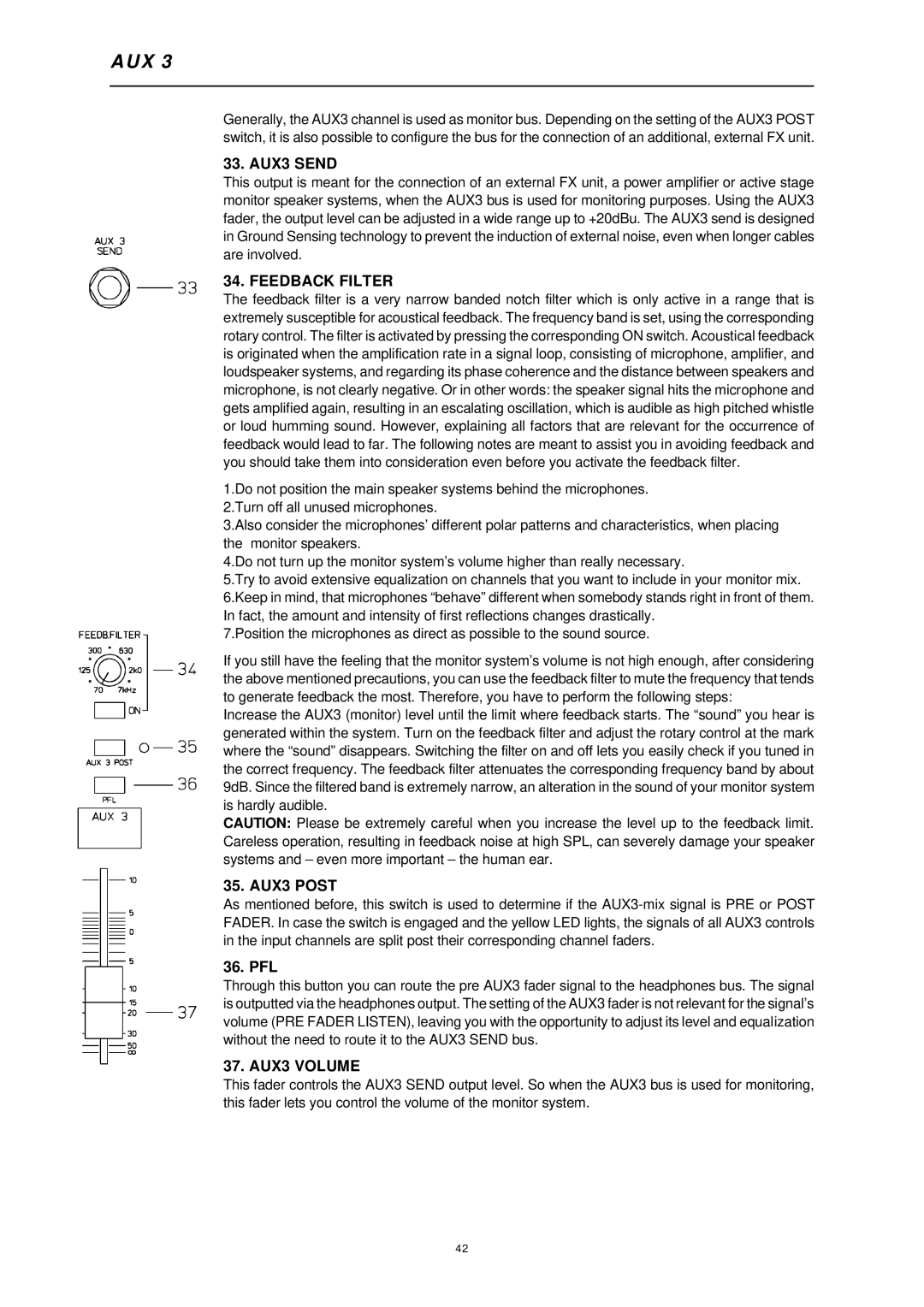 Dynacord 1000 owner manual Aux, AUX3 Send, Feedback Filter, AUX3 Post, AUX3 Volume 