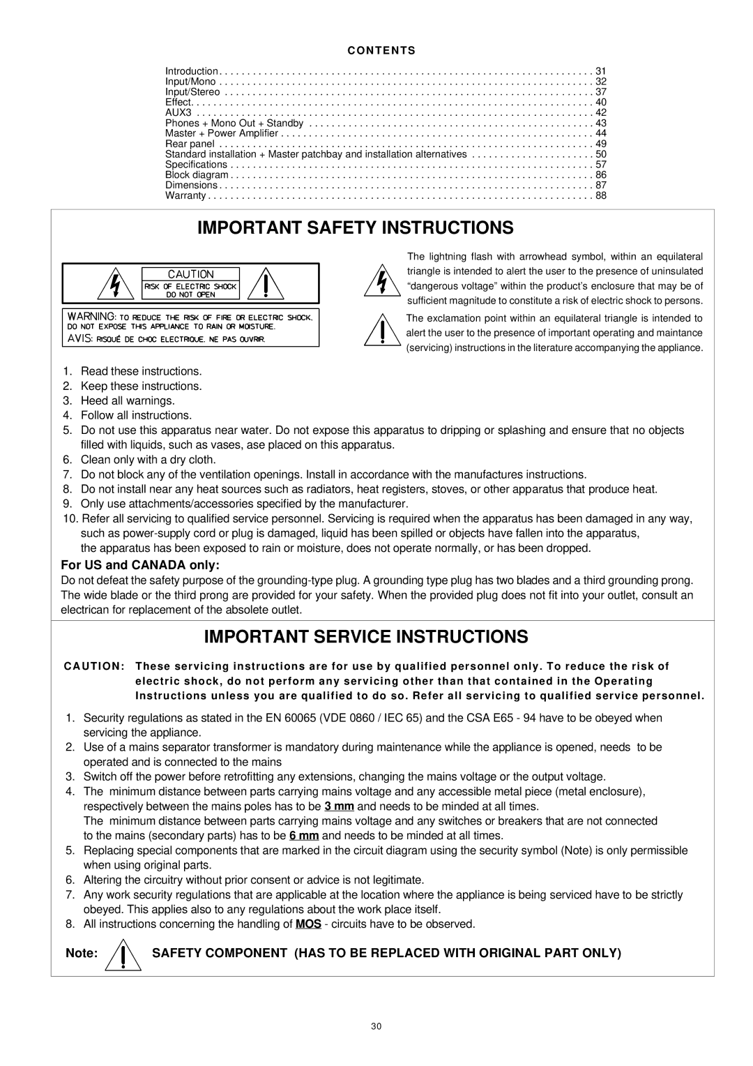 Dynacord 1000 owner manual For US and Canada only, Safety Component has to be Replaced with Original Part only 