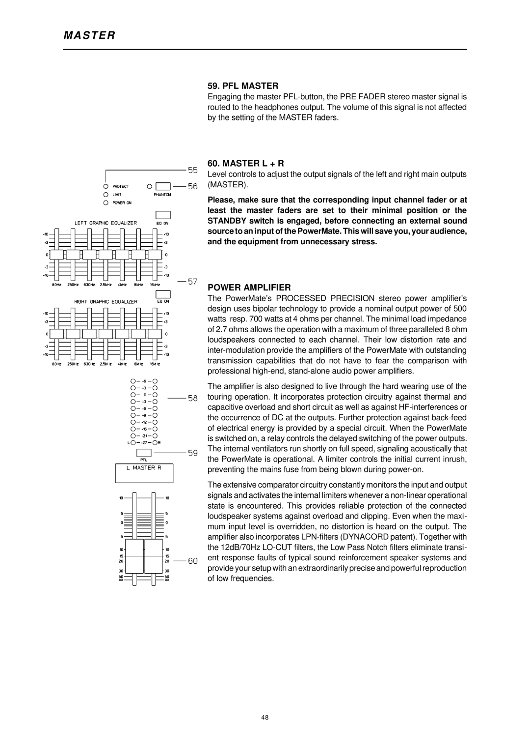 Dynacord 1000 owner manual PFL Master, Master L + R, Power Amplifier 