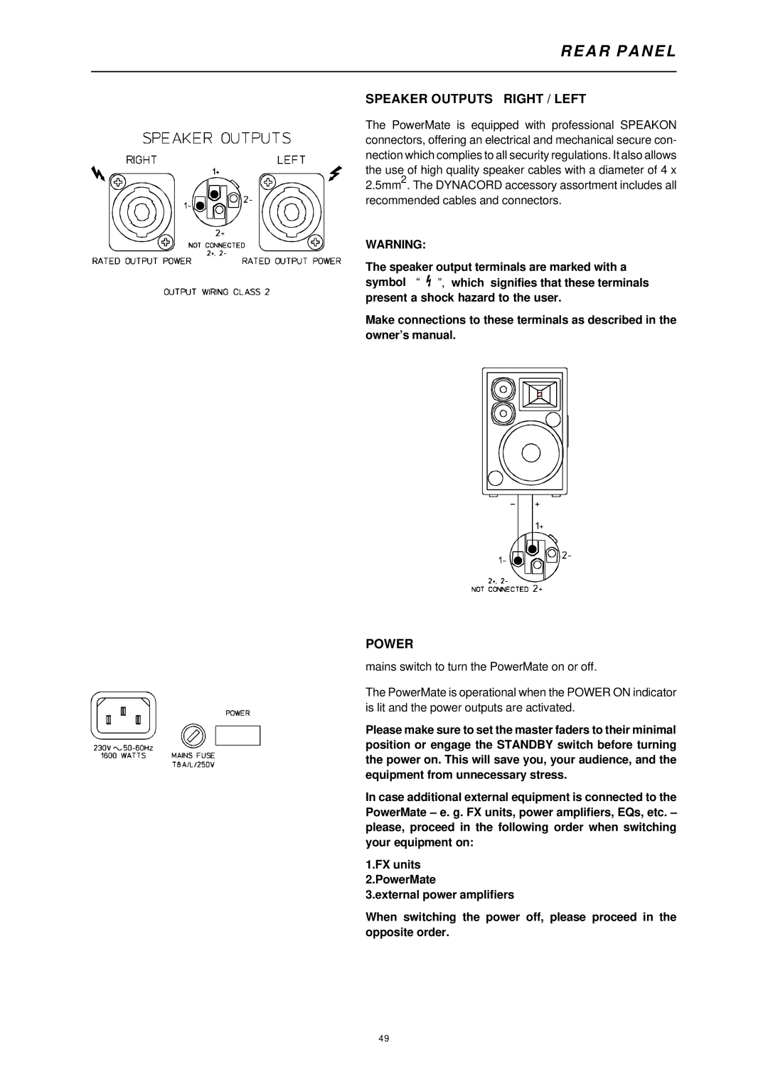 Dynacord 1000 owner manual Rear Panel, Speaker Outputs Right / Left, Power 