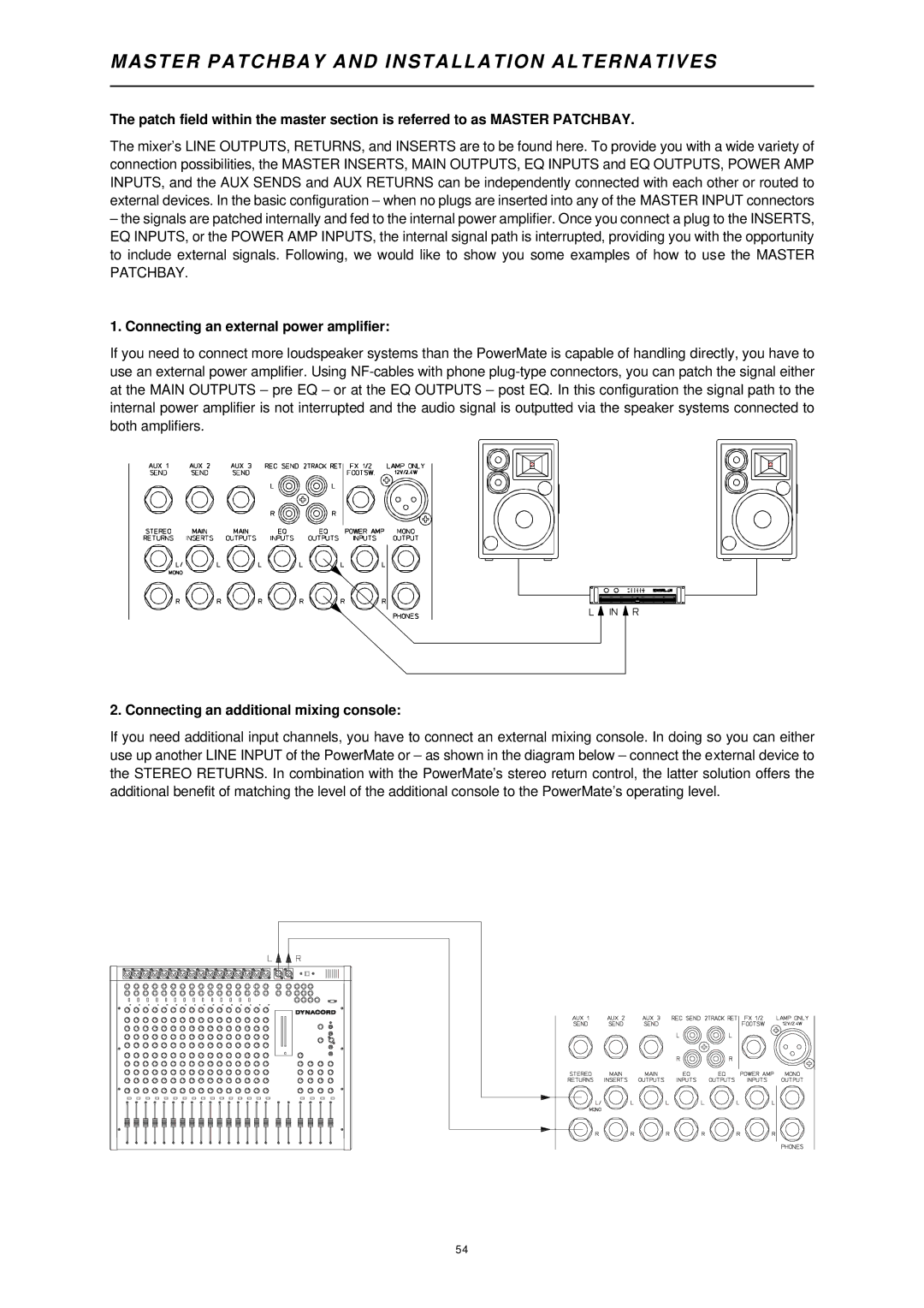 Dynacord 1000 owner manual Master Patchbay and Installation Alternatives, Connecting an external power amplifier 