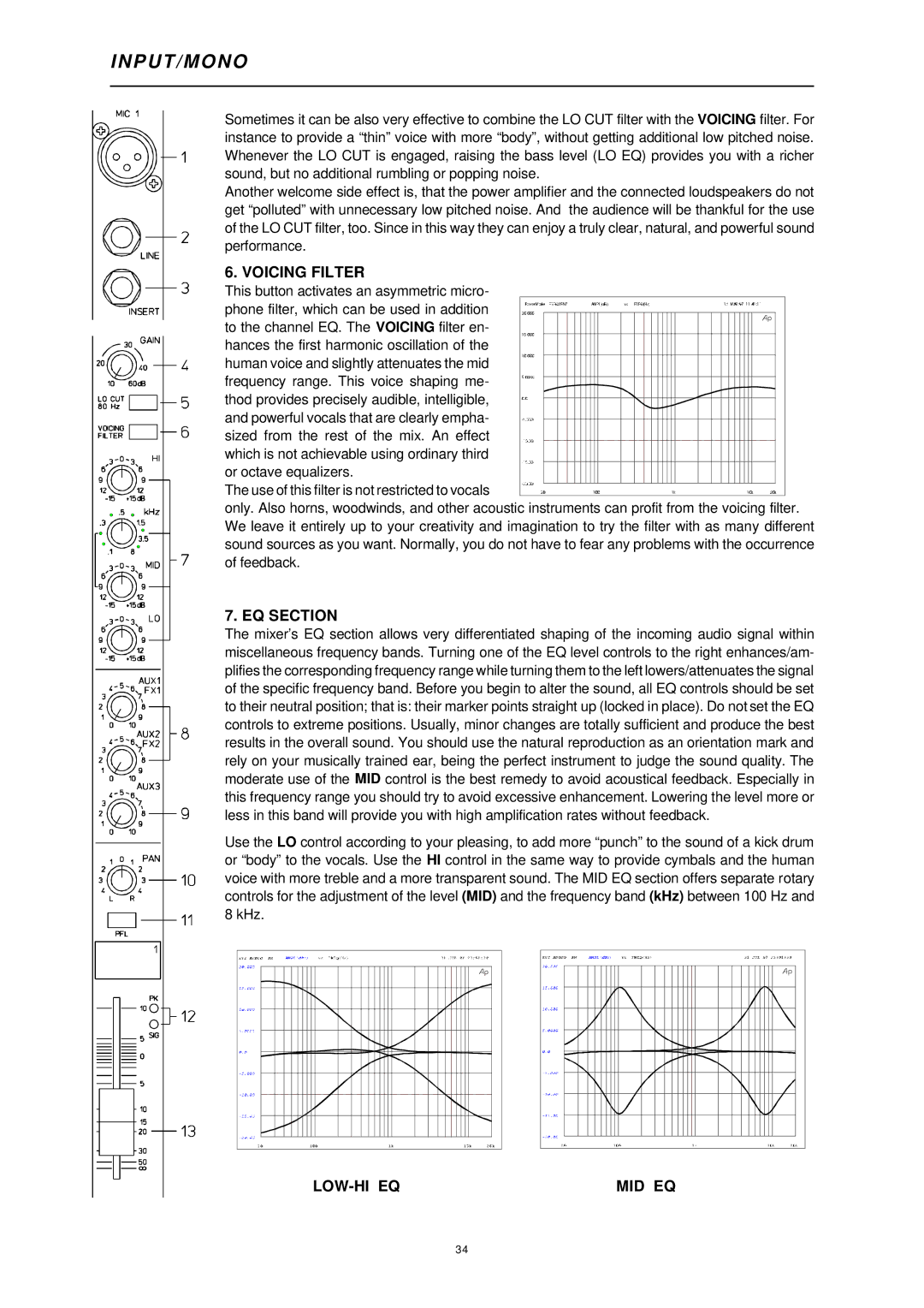 Dynacord 1000 owner manual Voicing Filter, EQ Section, Low-Hi Eq Mid Eq 