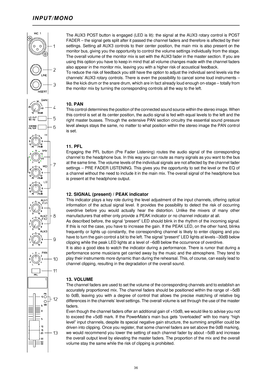 Dynacord 1000 owner manual Pan, Pfl, Signal present / Peak indicator, Volume 