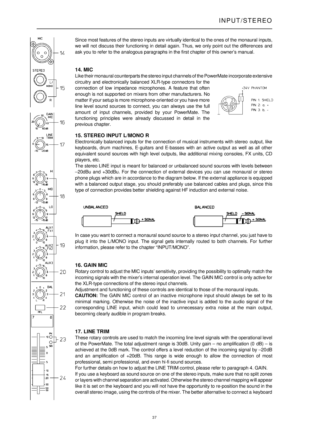 Dynacord 1000 owner manual Stereo Input L/MONO R, Gain MIC, Line Trim 