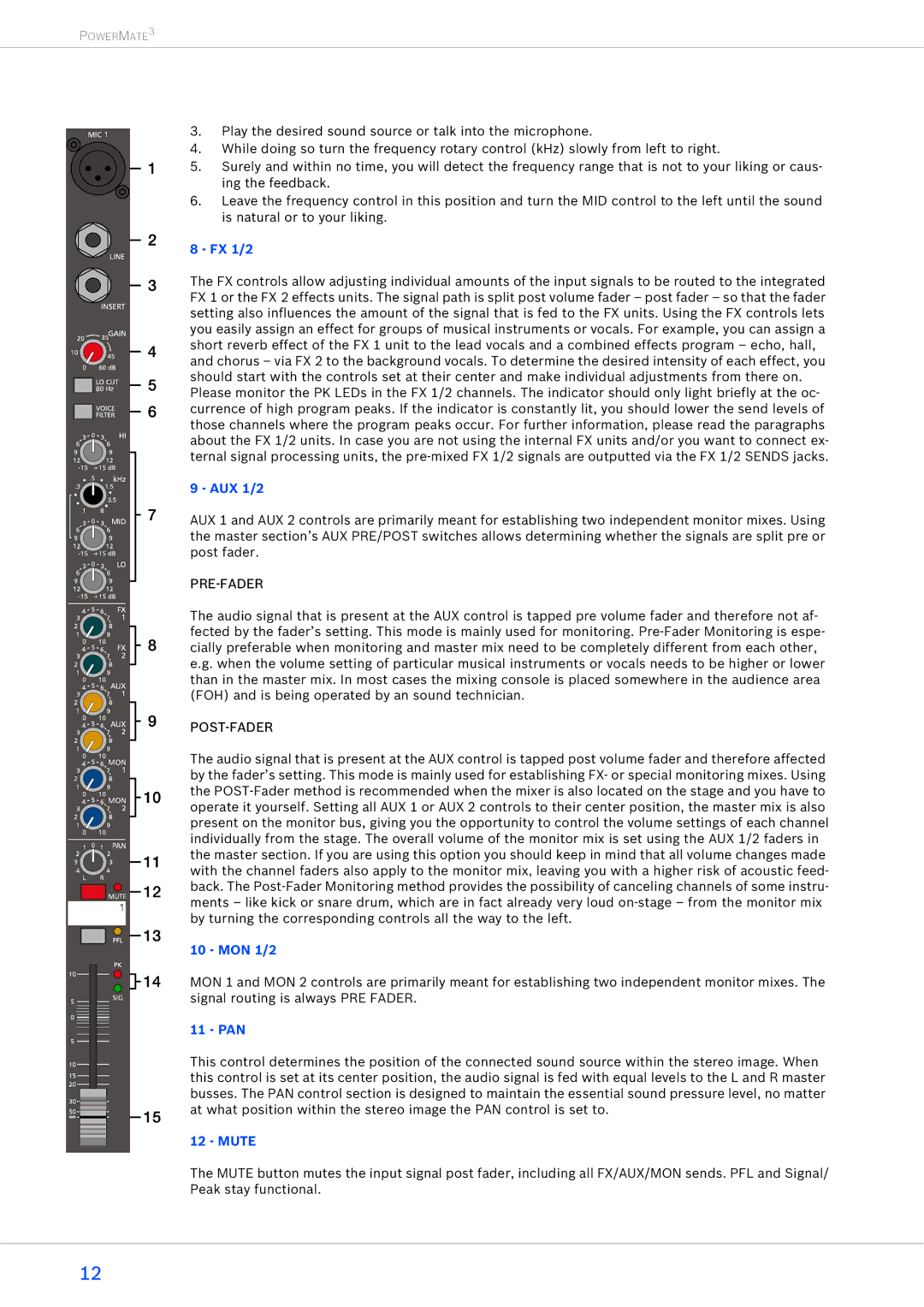 Dynacord 2200-3, 1600-3, 1000-3 owner manual FX 1/2, AUX 1/2, MON 1/2, Pan, Mute 