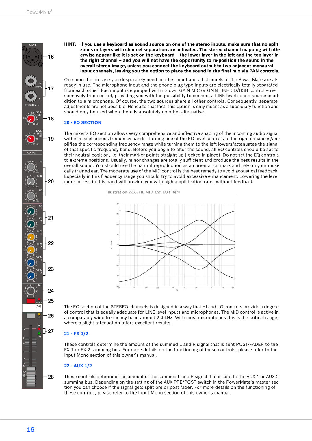 Dynacord 1600-3, 2200-3, 1000-3 owner manual EQ Section, FX 1/2 AUX 1/2 