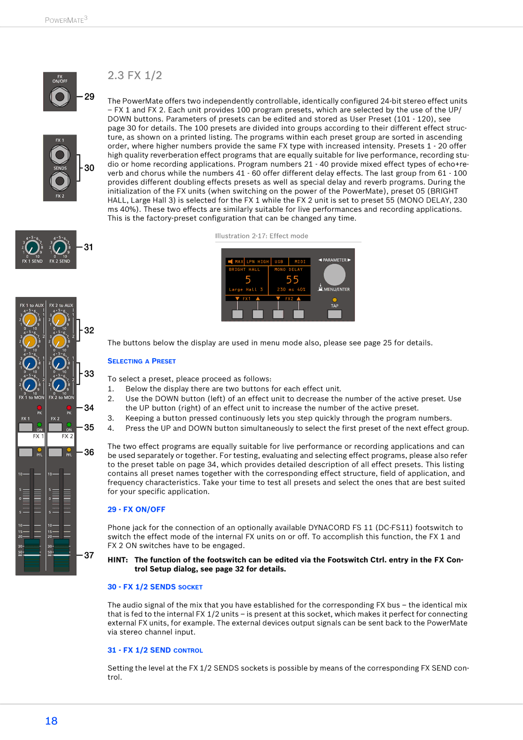 Dynacord 2200-3, 1600-3, 1000-3 owner manual Fx On/Off, FX 1/2 Sends Socket, FX 1/2 Send Control 