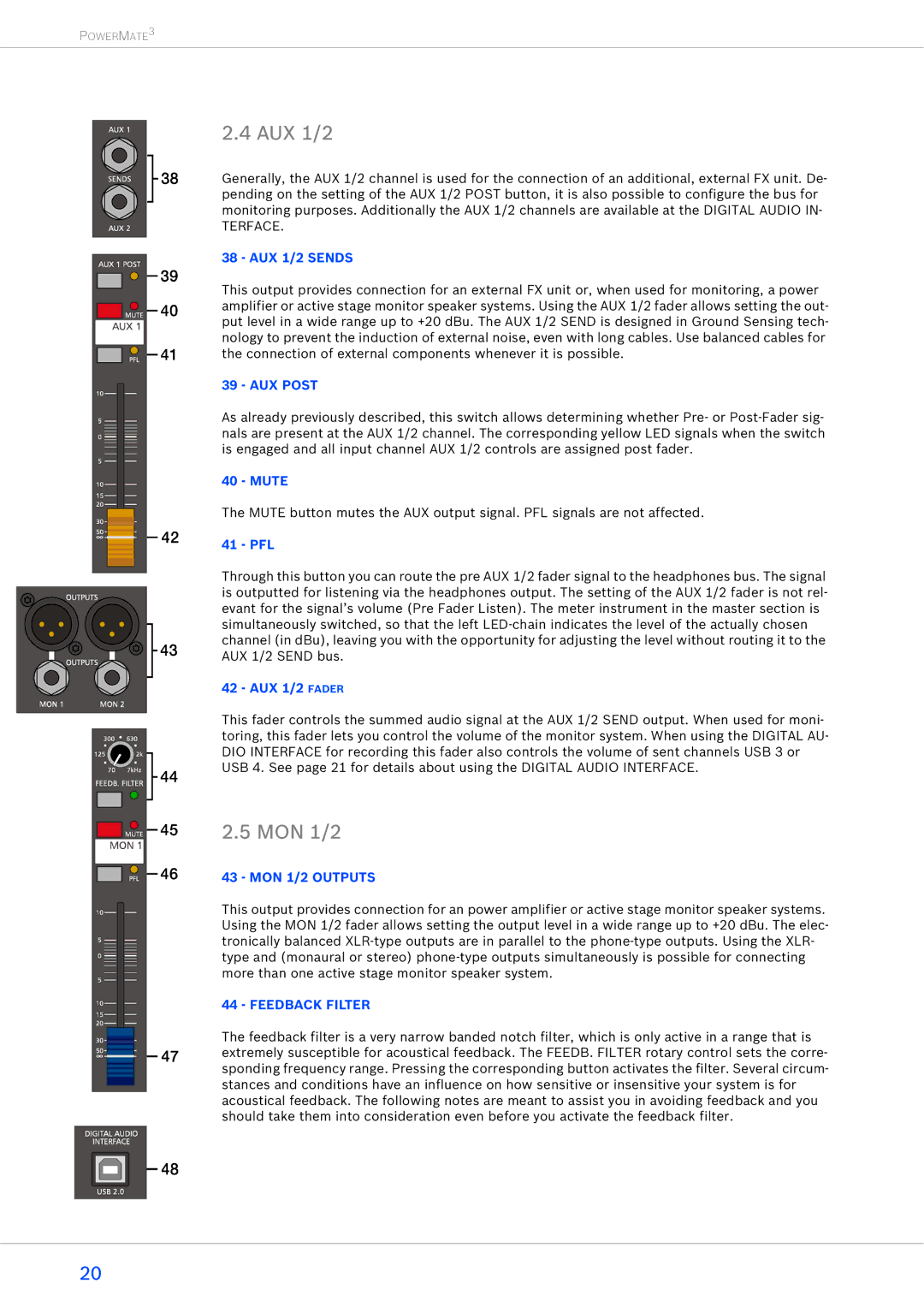 Dynacord 1000-3, 2200-3, 1600-3 owner manual AUX 1/2, MON 1/2, AUX Post, Feedback Filter 