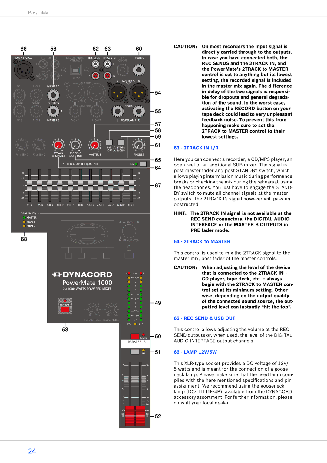 Dynacord 2200-3, 1600-3, 1000-3 owner manual 63 2TRACK in L/R, 64 2TRACK to Master, REC Send & USB OUT, Lamp 12V/5W 