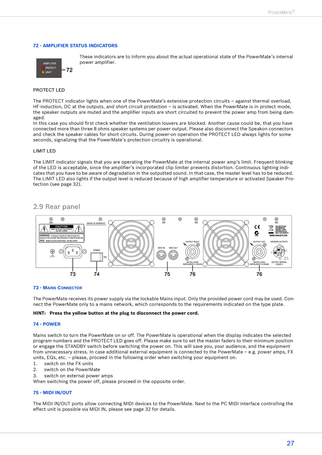 Dynacord 2200-3, 1600-3, 1000-3 owner manual Rear panel, Amplifier Status Indicators, Power, Midi IN/OUT 