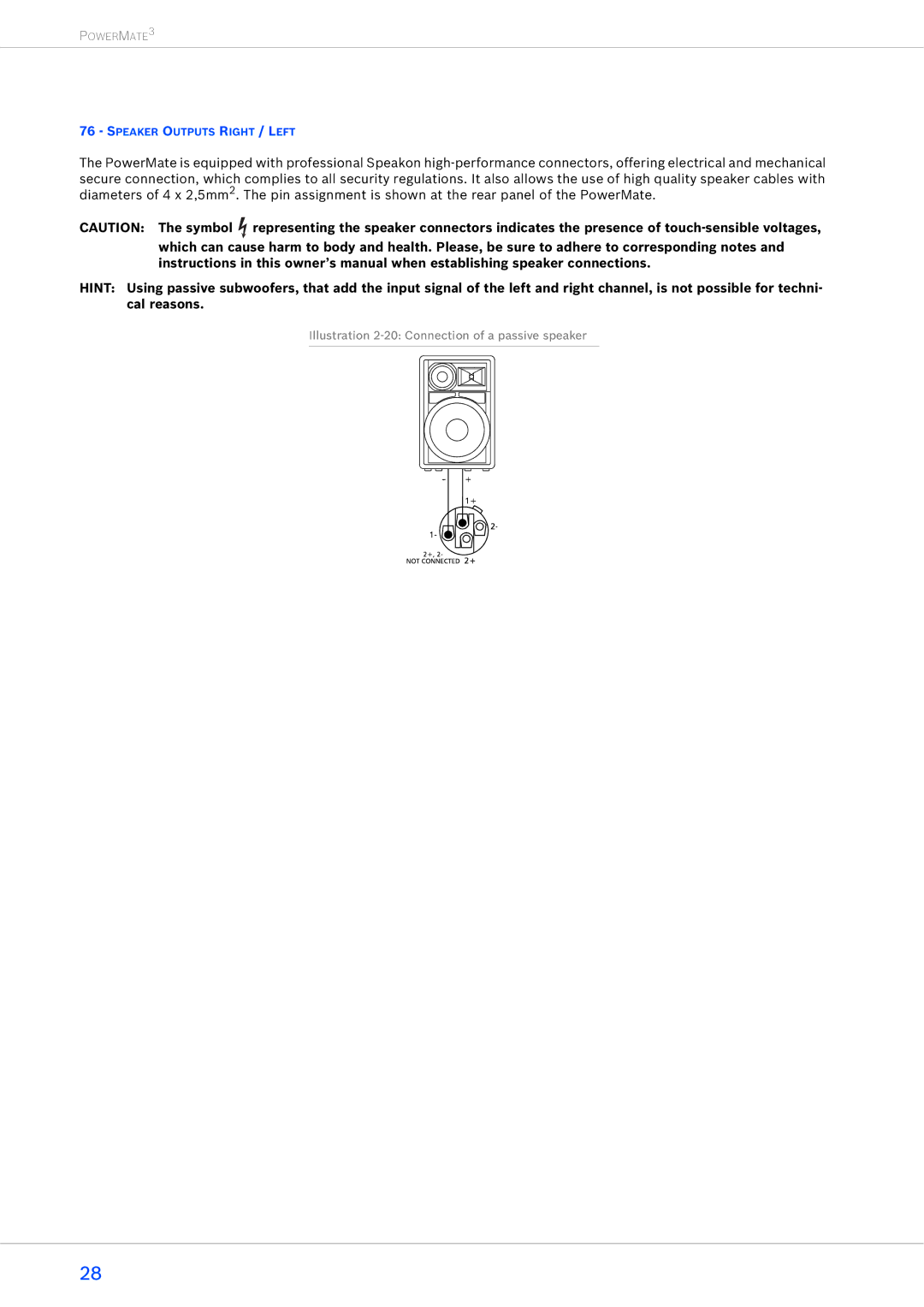 Dynacord 1600-3, 2200-3, 1000-3 owner manual Illustration 2-20 Connection of a passive speaker 