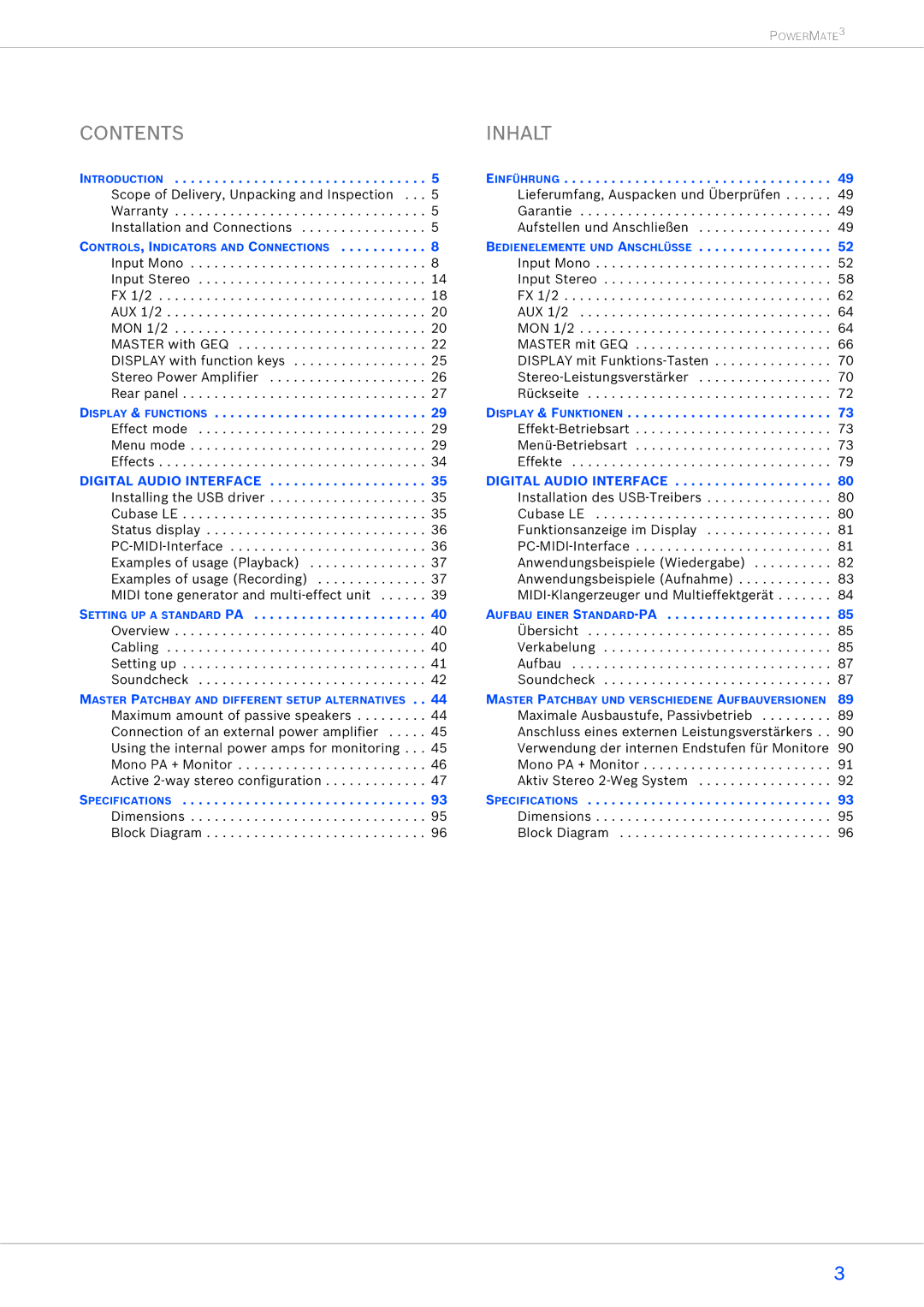 Dynacord 2200-3, 1600-3, 1000-3 owner manual Contents Inhalt 