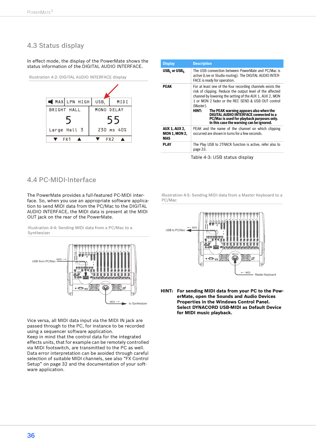 Dynacord 2200-3, 1600-3, 1000-3 owner manual Status display, PC-MIDI-Interface, Display Description 