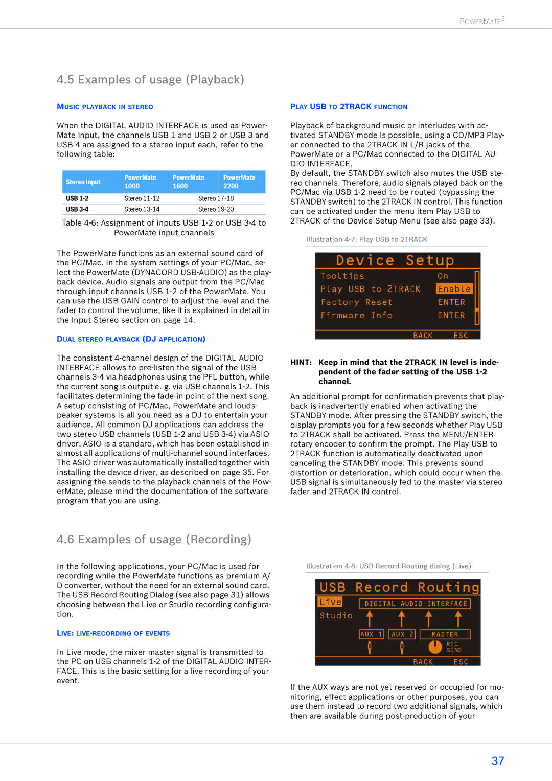 Dynacord 1600-3, 2200-3 Examples of usage Playback, Examples of usage Recording, Stereo Input PowerMate 1000 1600 2200 