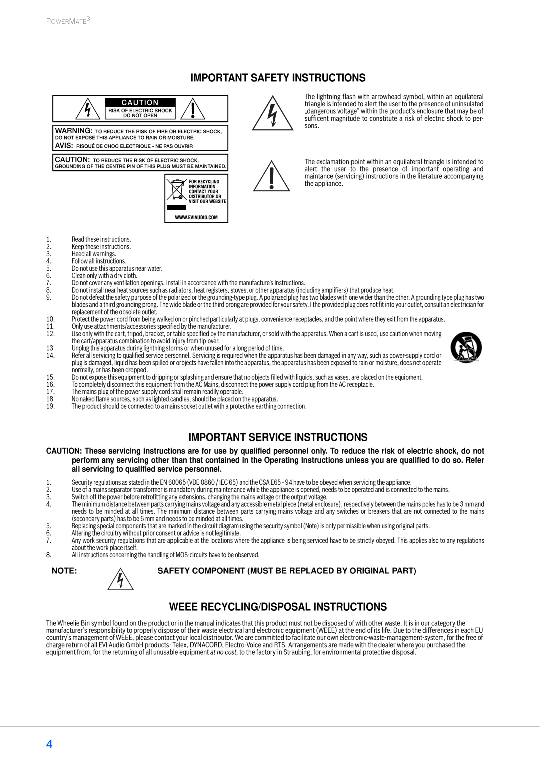 Dynacord 1600-3, 2200-3, 1000-3 owner manual Important Safety Instructions 