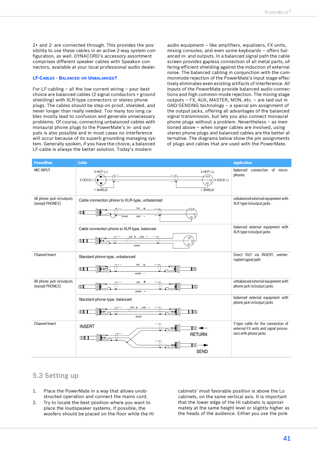 Dynacord 1000-3, 2200-3, 1600-3 owner manual Setting up, PowerMate Cable Application 