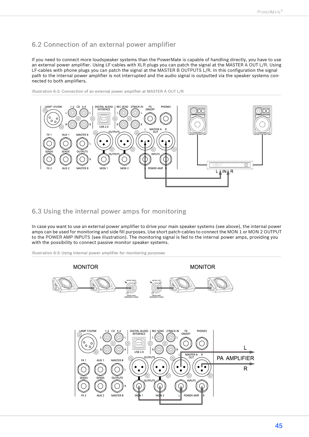 Dynacord 2200-3, 1600-3, 1000-3 Connection of an external power amplifier, Using the internal power amps for monitoring 