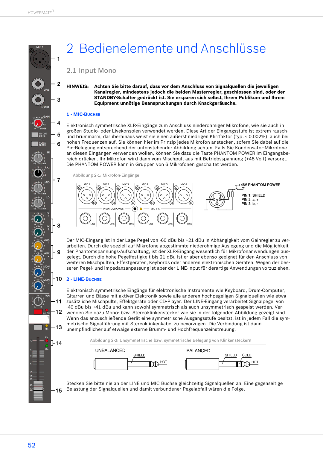 Dynacord 1600-3, 2200-3, 1000-3 owner manual Bedienelemente und Anschlüsse, Mic-Buchse, Line-Buchse 