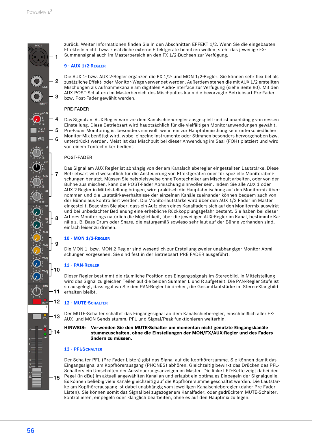 Dynacord 1000-3, 2200-3, 1600-3 owner manual AUX 1/2-REGLER, MON 1/2-REGLER, Pan-Regler, Mute-Schalter, Pfl-Schalter 