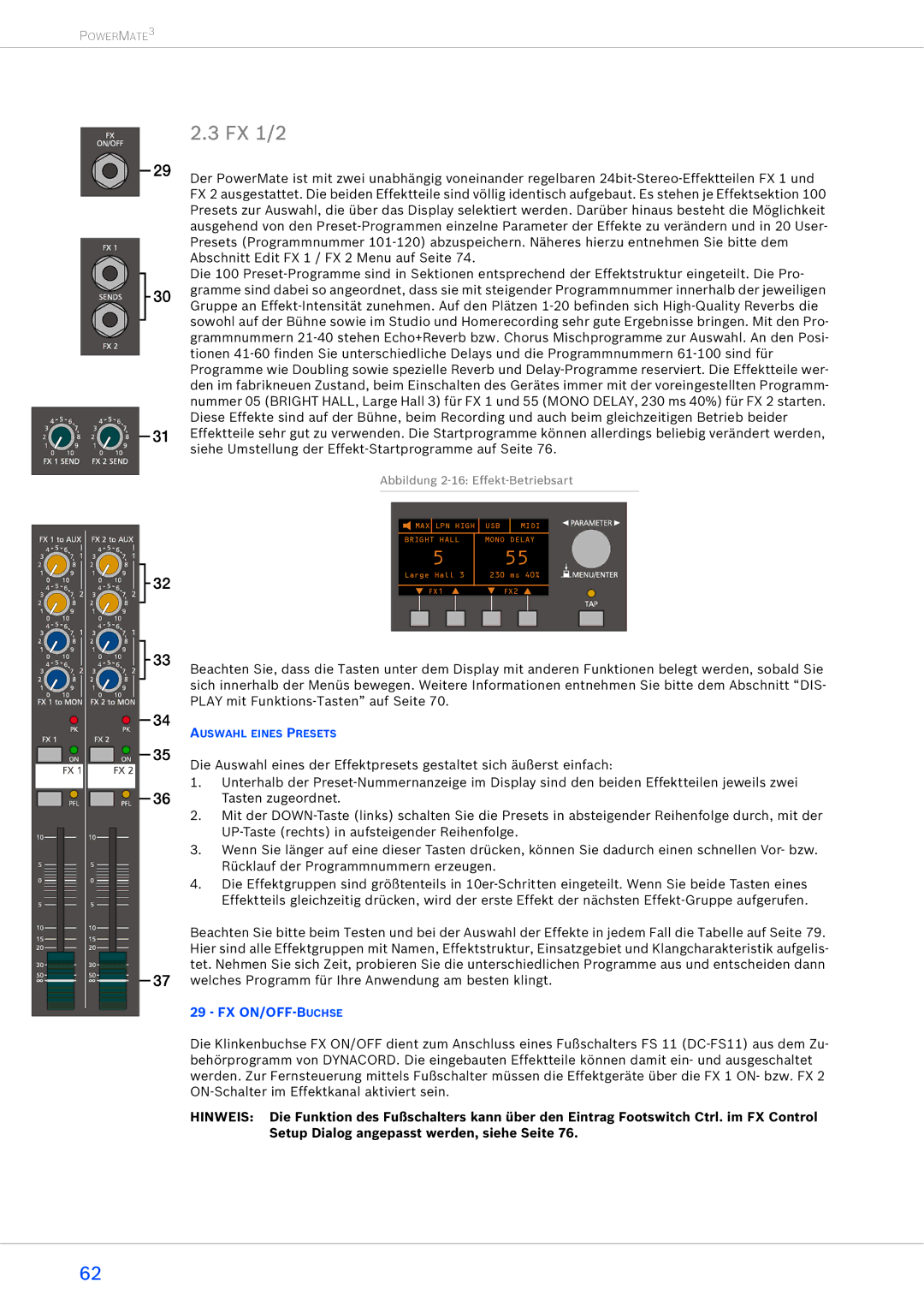 Dynacord 1000-3, 2200-3, 1600-3 owner manual FX 1/2, Fx On/Off-Buchse 