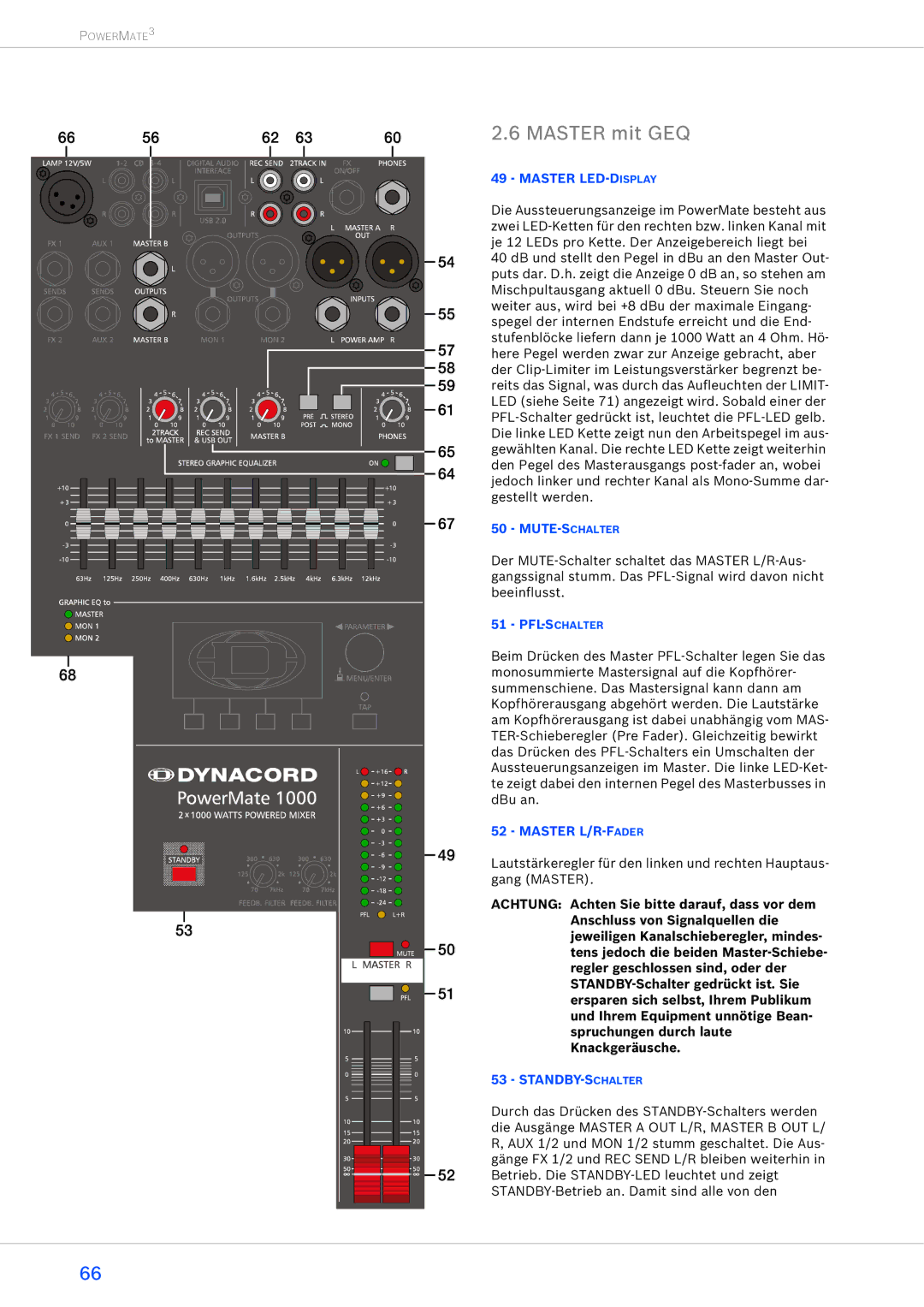 Dynacord 2200-3, 1600-3, 1000-3 owner manual Master mit GEQ, Master L/R-FADER, Standby-Schalter 