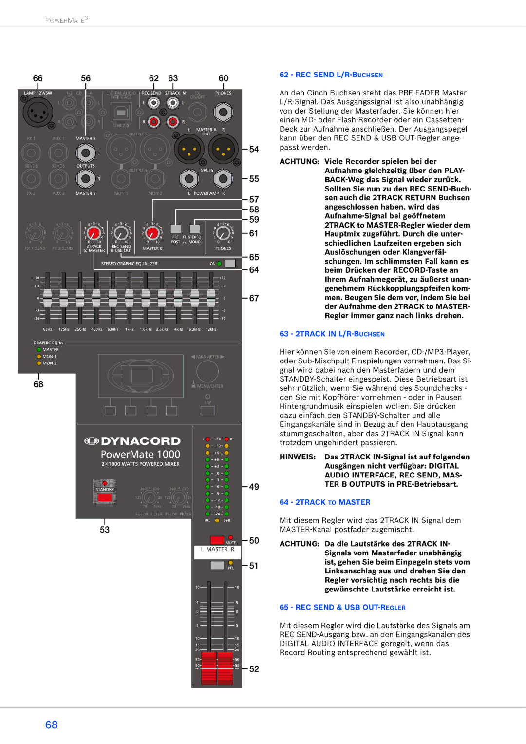 Dynacord 1000-3, 2200-3, 1600-3 owner manual REC Send L/R-BUCHSEN, 63 2TRACK in L/R-BUCHSEN, REC Send & USB OUT-REGLER 