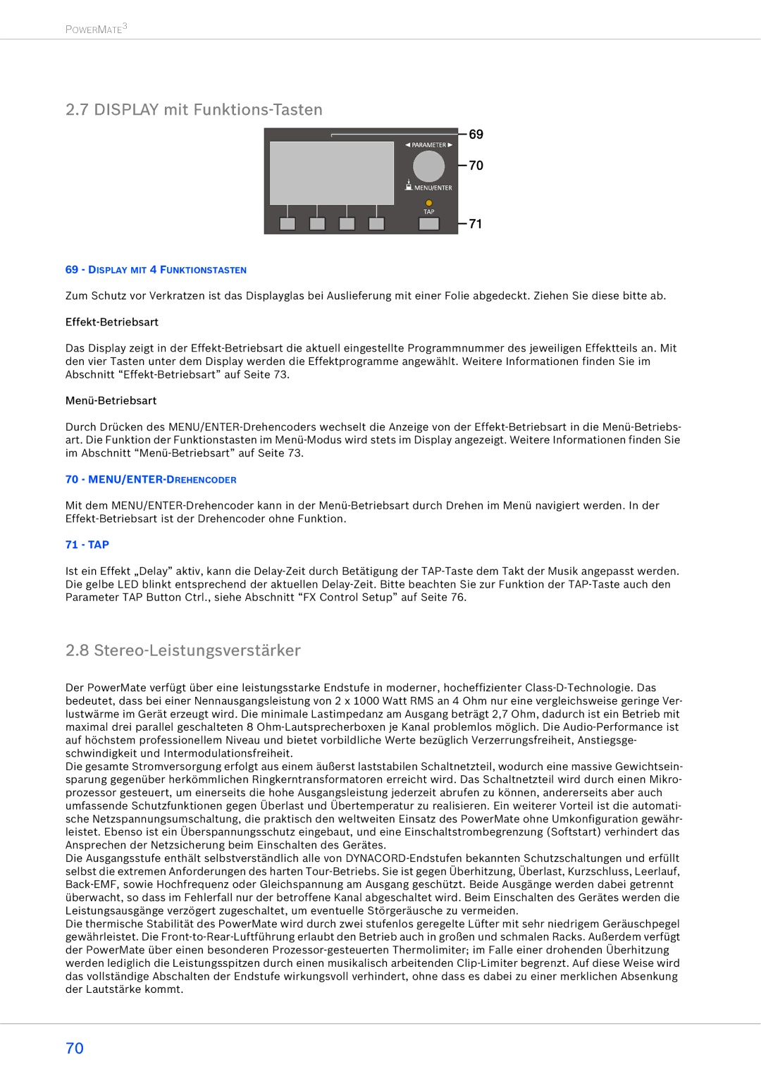 Dynacord 1600-3, 2200-3, 1000-3 owner manual Display mit Funktions-Tasten, Stereo-Leistungsverstärker, Menu/Enter-Drehencoder 