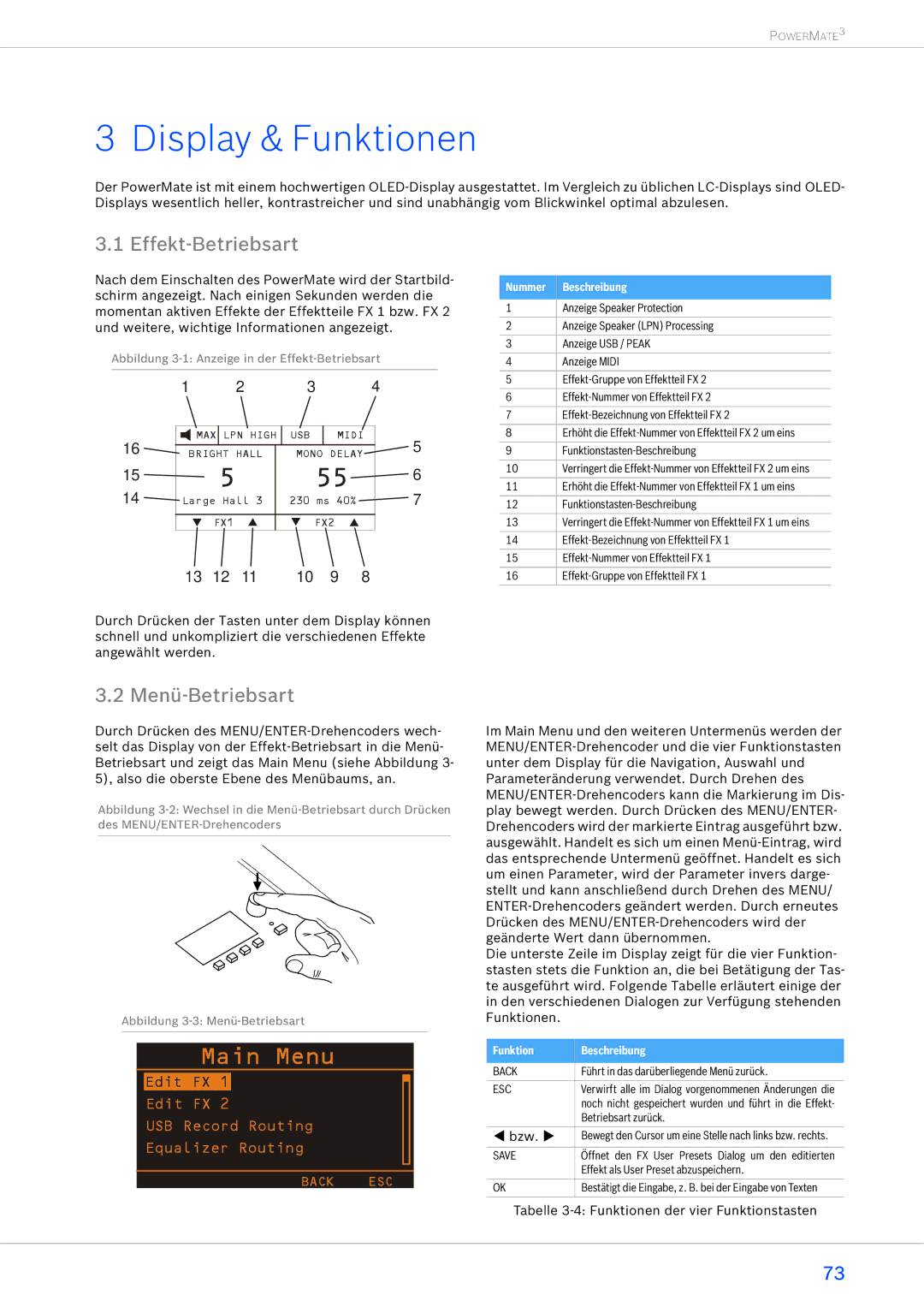 Dynacord 1600-3 Display & Funktionen, Effekt-Betriebsart, Menü-Betriebsart, Nummer Beschreibung, Funktion Beschreibung 