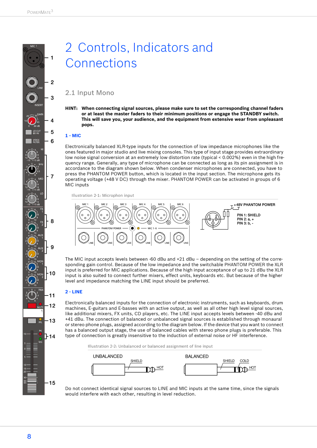 Dynacord 1000-3, 2200-3, 1600-3 owner manual Controls, Indicators and Connections, Input Mono, Mic, Line 